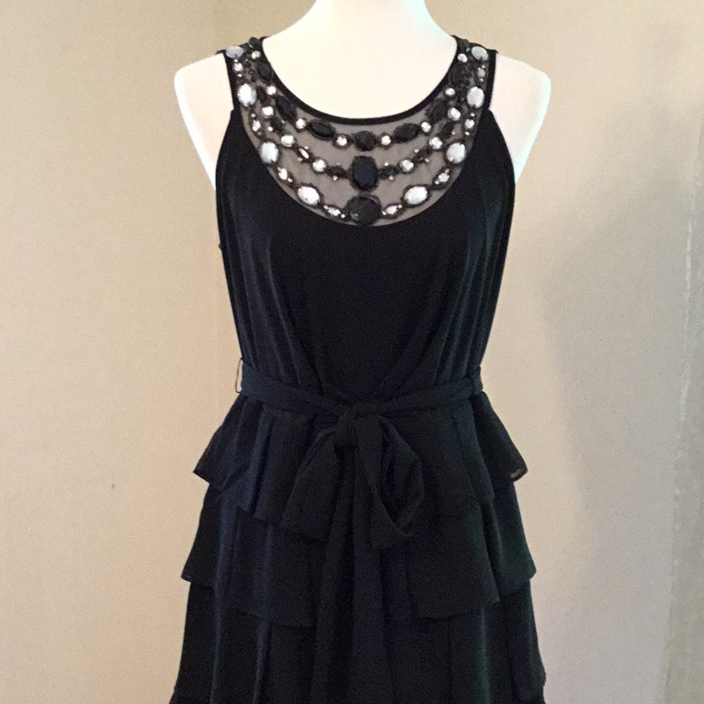 CheetaB evening/cocktail dress embellished bodice,tiered skirt,mesh back, sz10